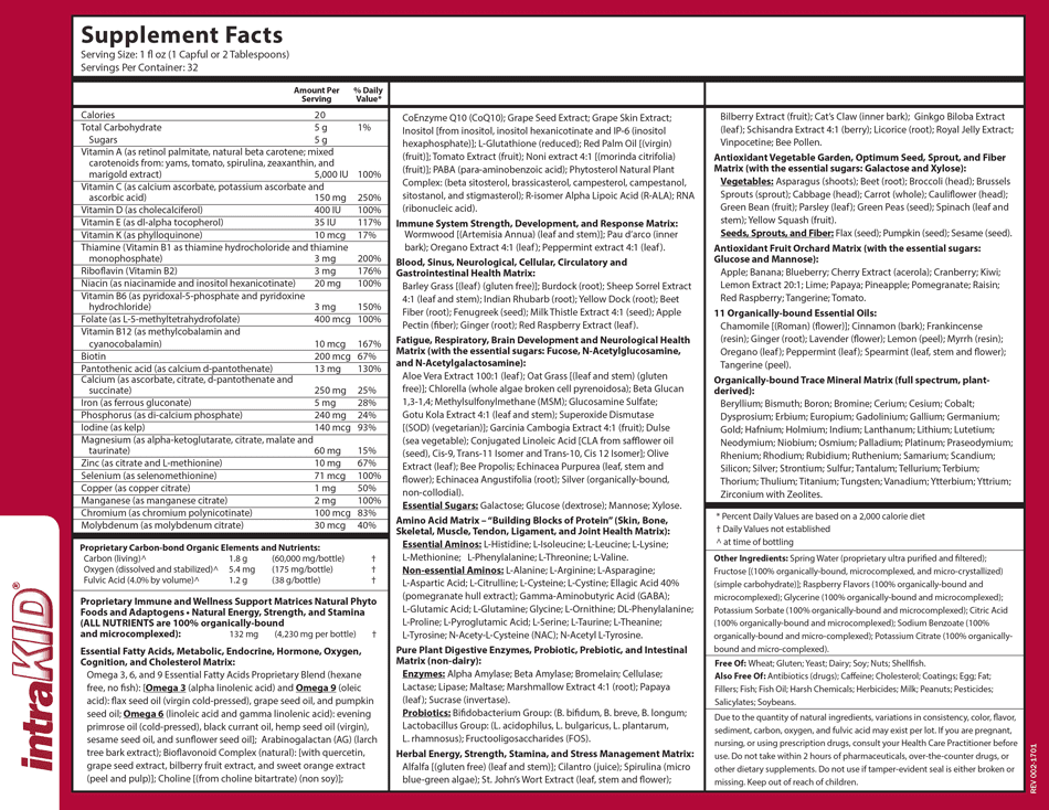 IntraKid Organic Childrens Multivitamin Supplement Facts