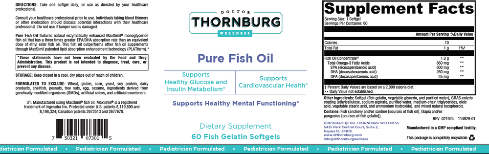 Supplement label for Thornburg Pure Fish Oil with supplement facts and product details.