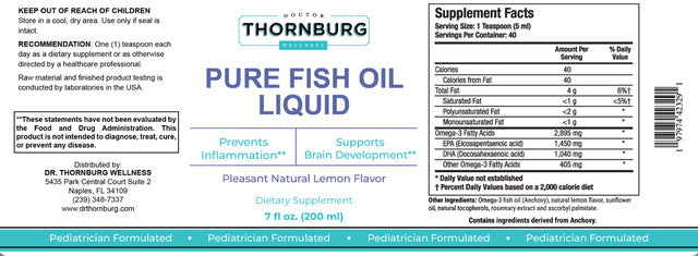 Label of Thornburg Wellness Pure Fish Oil Liquid supplement with text and nutritional information.