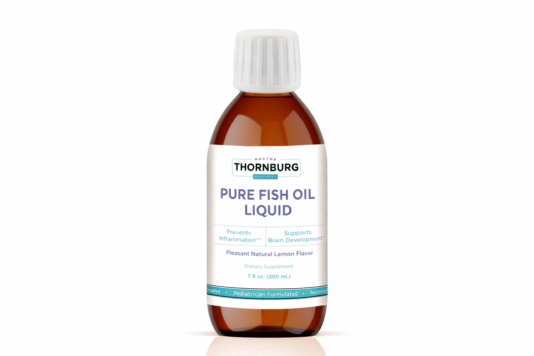 Bottle of Dr Thornburg Wellness Pure Fish Oil Liquid on a white background